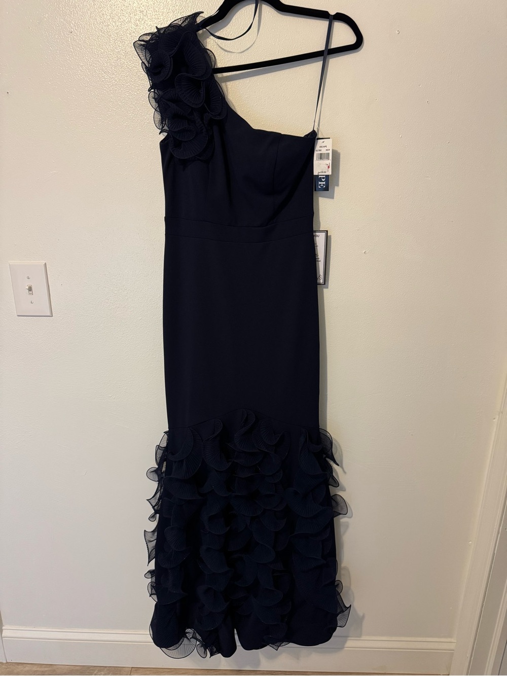 Xscape One-Shoulder Navy Ruffle Hem Gown